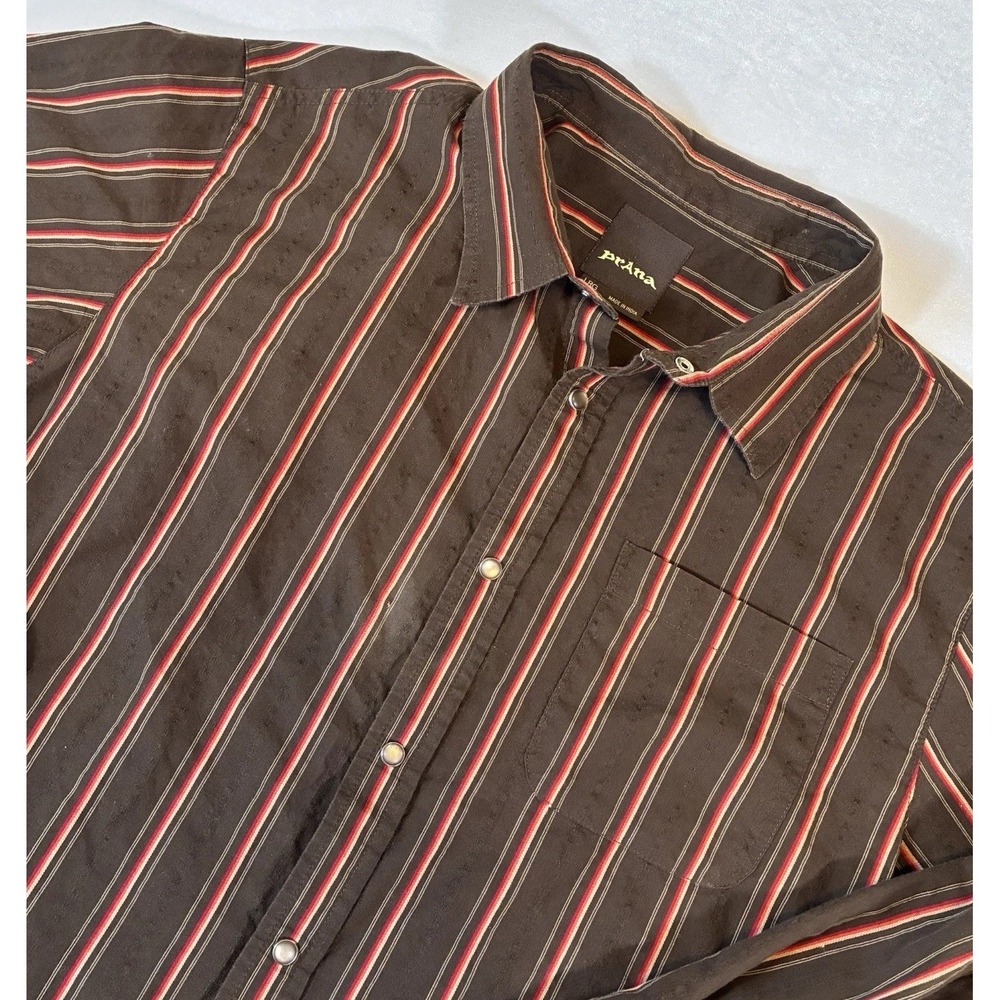 Prana Button Down Shirt Mens Large Brown Striped Long Sleeve Snap Western Casual